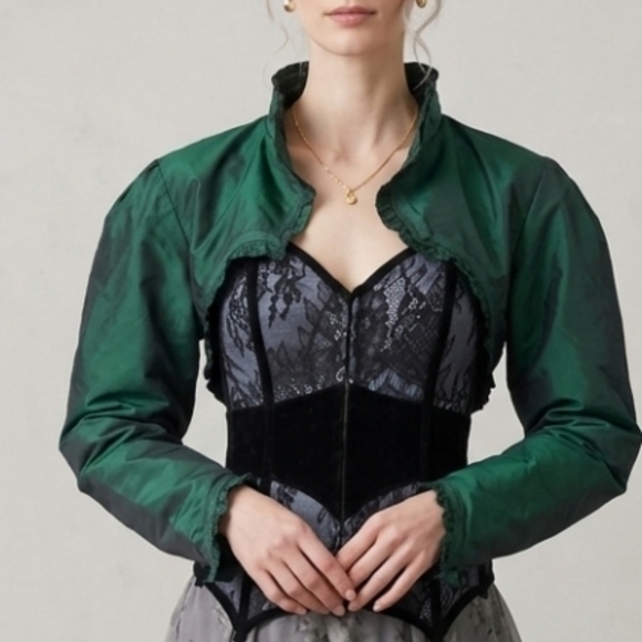 Emerald Green Tafatta Bolero Jacket Size XL Castlecore Renaissance Fairytale - Picture 2 of 14